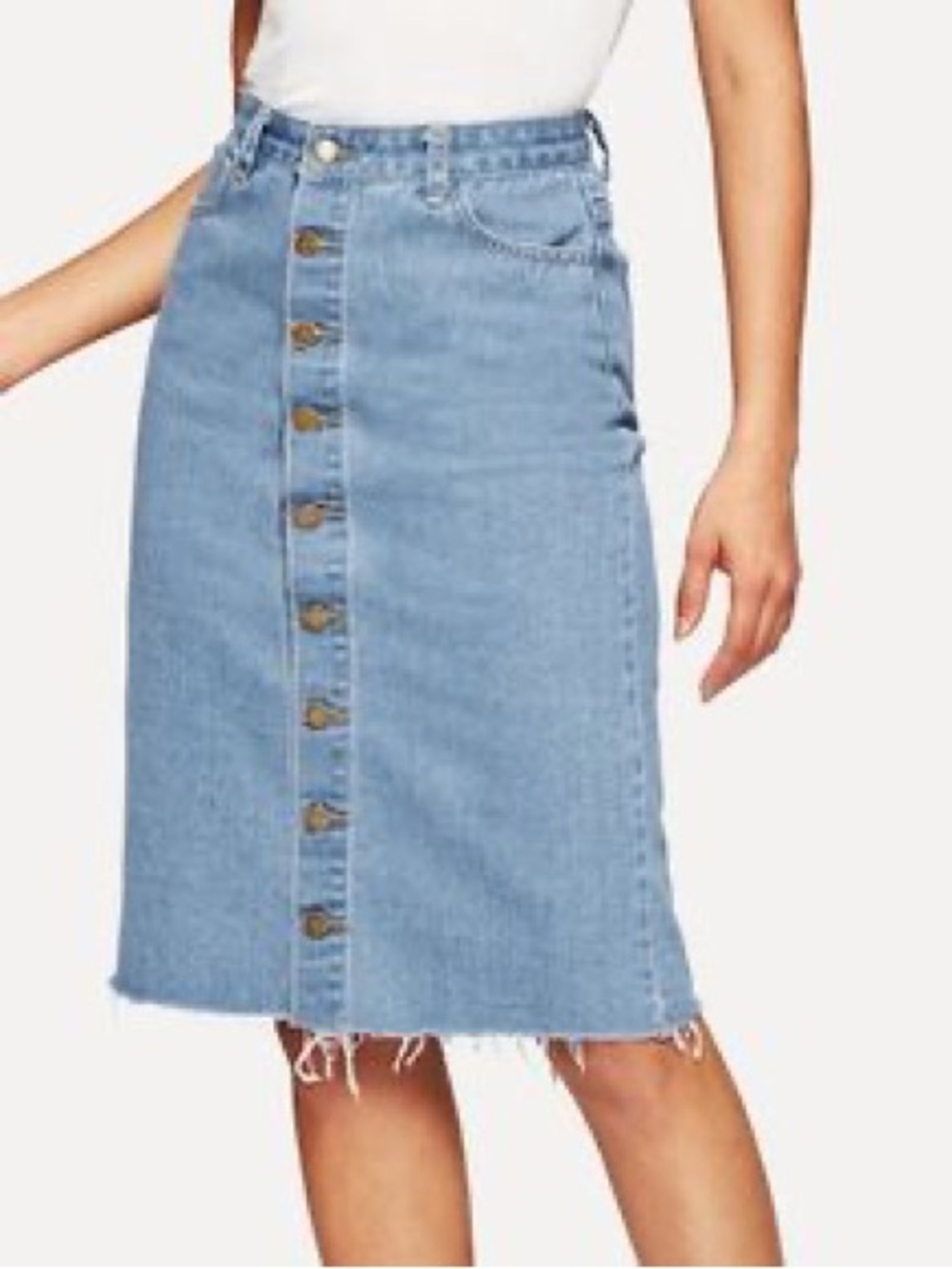 SHEIN Blue Denim Button-Front Raw Hem Pencil Skirt Women’s Size S.
